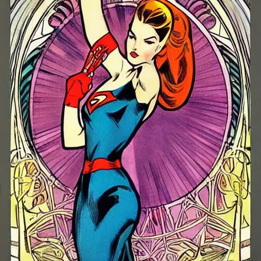 Image similar to a beautiful young woman. she is a superhero, wearing a superhero costume. well composed, clean elegant painting, beautiful detailed face. retro comic book art by steve ditko and jack kirby and ( alphonse mucha )