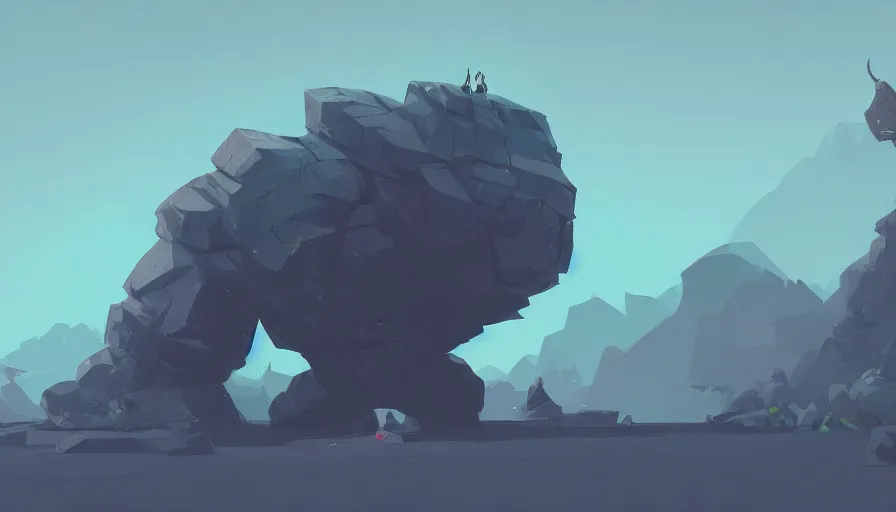 Image similar to rock monster, true evil, dormant, broken, calling a traveller nearby, sharp focus, james gilleard, cinematic, game art, extremely detailed digital painting, print