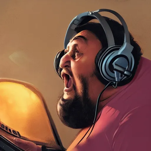 Prompt: obese Frank Miller wearing a headset yelling at his monitor while playing WoW highly detailed wide angle lens 10:9 aspect ration award winning photography