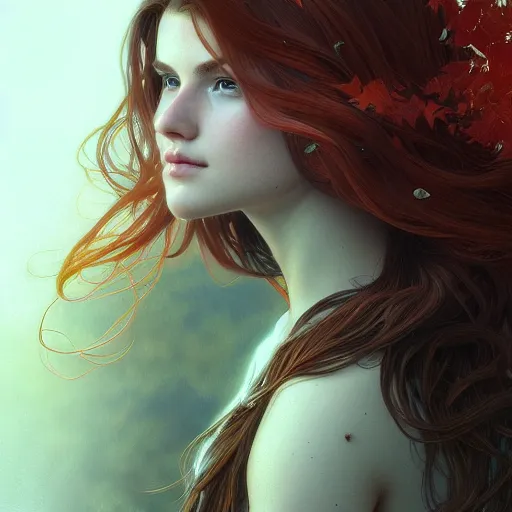 Image similar to girl with super long hair, hair becoming autumn red leaves, intricate, highly detailed, digital painting, artstation, concept art, smooth, sharp focus, illustration, unreal engine 5, 8 k, art by artgerm and greg rutkowski and alphonse mucha