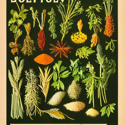 Prompt: a vintage botany poster with different herbs and spices