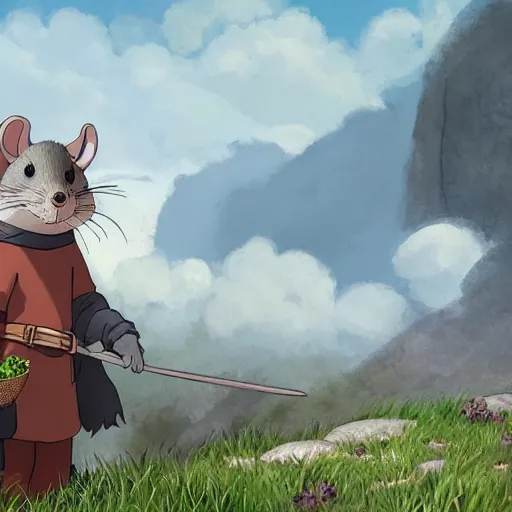 Prompt: an anthropomorphic rat dressed as an explorer, medieval clothing, renaissance, studio Ghibli, open landscape, plants, black and white matte painting