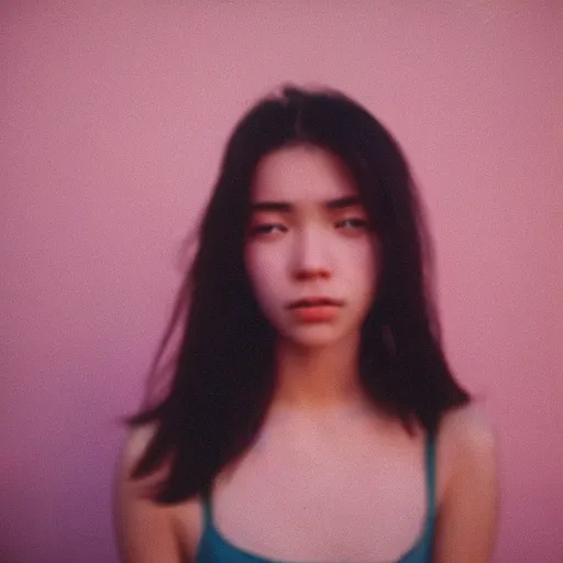 Image similar to Close-up of a young gorgeous woman’s face hopeless, frigthened and crying a lot, low light, soft focus, cinestill 800t