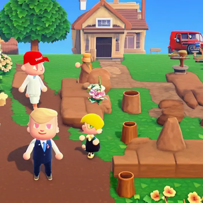 Image similar to donald trump in animal crossing, game screenshot