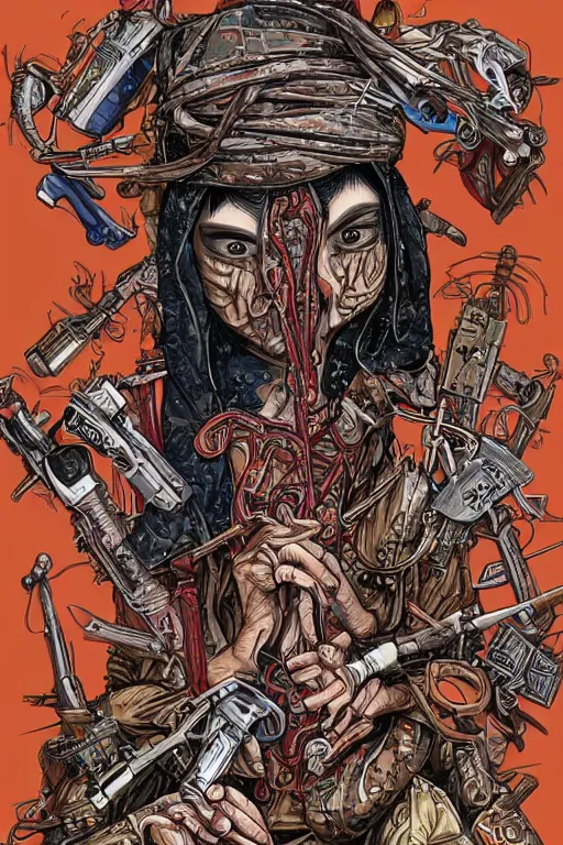 Prompt: taliban anarchy. symmetrical anatomy, very detailed design, complexity of the picture, with pop punk art style, colorful, accompanied by body, pure image without duplication, dribble popular, trending on arstation, drawn by ilya kuvshinov and darbotz and vinicius gud and gustavo zambelli, intricate, ultra high definition, super scale rendered.