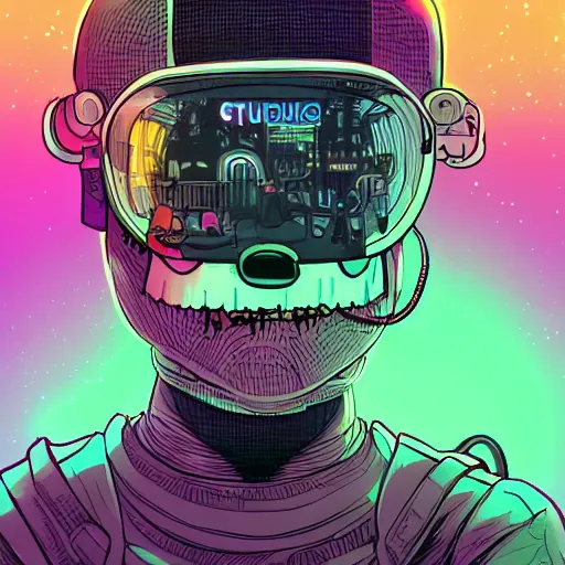 Prompt: in the style of ghostshrimp and deathburger and laurie greasley a young mixed race male explorer wearing a cyberpunk headpiece who is smiling whilst exploring a luminescent field at nighttime, low angle fish eye lens, highly detailed, 8k wallpaper