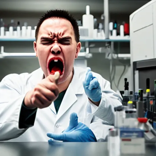 Image similar to a laboratory technician gets Angry at blood samples