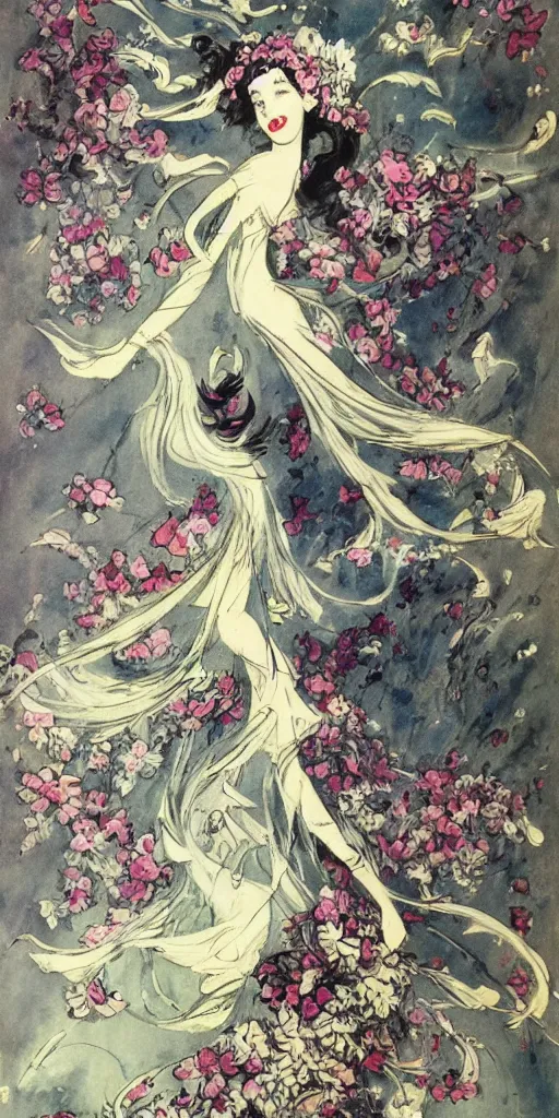 Image similar to Louis Icart, a beautiful painting of an abstract robot tornado made entirely out of flowers, highly detailed, swirling, flowing, dancing, dreaming, bursting with positive energy, happy, creative, masterpiece