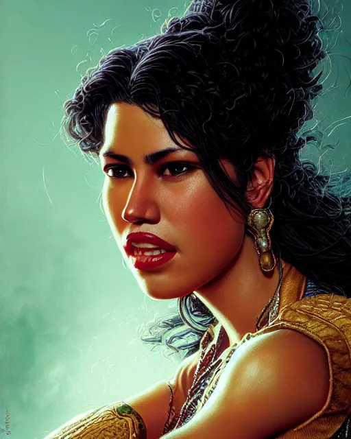 Image similar to selena quintanilla perez, character portrait, portrait, close up, concept art, intricate details, highly detailed by greg rutkowski, michael whelan and gustave dore