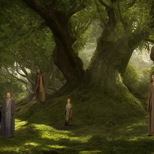 Image similar to frodo & sam & yavanna under tree in valinor lord of the rings, movie still, 4 k, octane render
