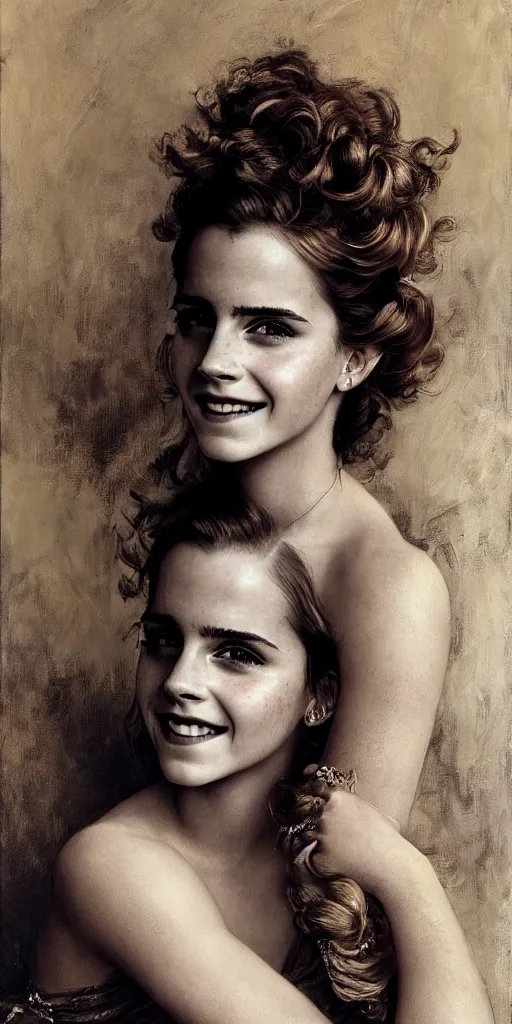 Image similar to emma watson smiling smiling smiling detailed portrait curly updo painting by gaston bussiere craig mullins j. c. leyendecker photograph by richard avedon peter lindbergh annie leibovitz