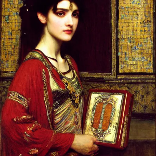 Prompt: orientalist portrait of a sad!! princess holding an iridescent ancient book intricate portrait by john william waterhouse and Edwin Longsden Long and Theodore Ralli and Henryk Siemiradzki, very coherent symmetrical artwork. Cinematic, hyper realism, high detail 8k
