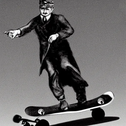 Image similar to hitler riding a skateboard, realistic, detailed by da vinci