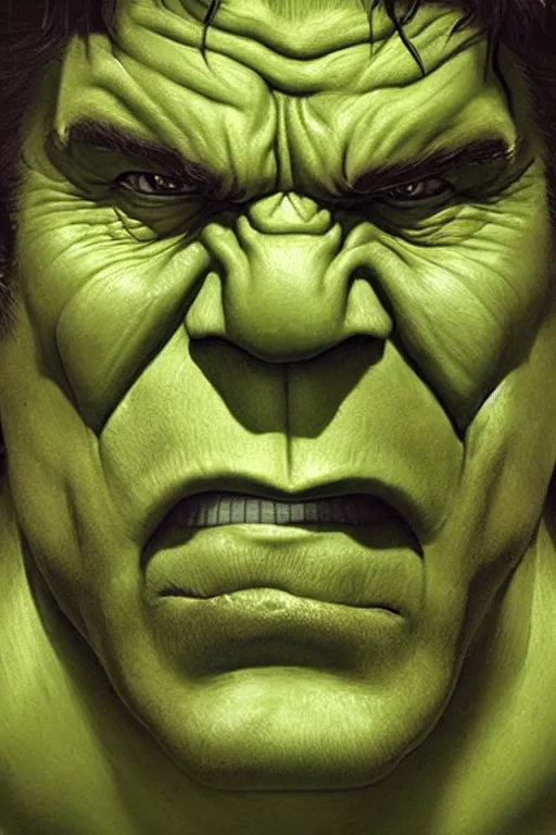 Image similar to ultra realistic incredible hulk face portrait in the style of grant wood