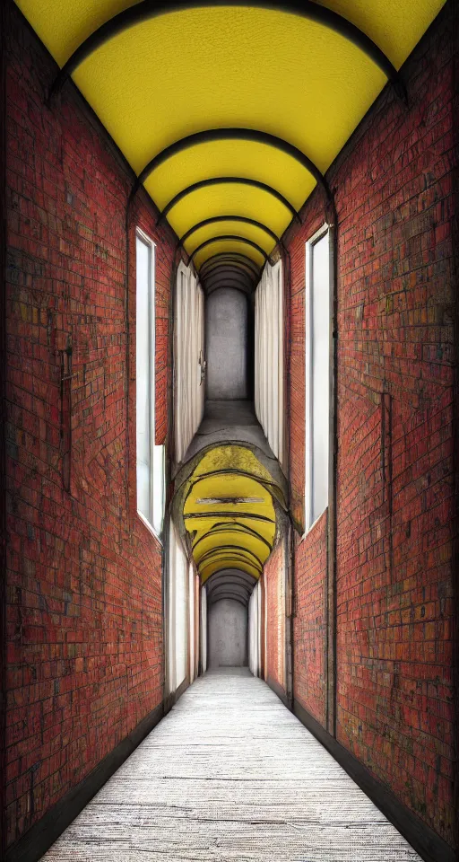 Prompt: a long colorful asylum hallway, one point perspective, vanishing point, symmetrical composition, rich colors, dramatic lighting, by lee madgwick, photorealistic, v - ray render 8 k uhd