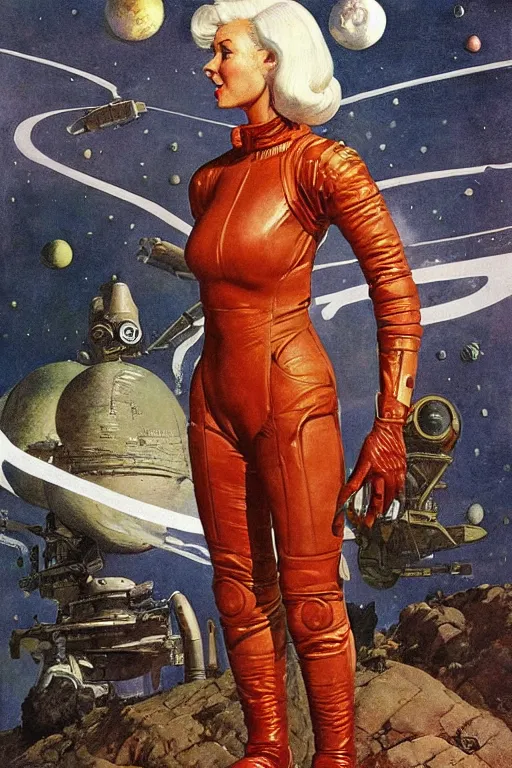 Image similar to pulp scifi fantasy illustration full body portrait android woman, white hair, in leather spacesuit on mars, by norman rockwell, roberto ferri, daniel gerhartz, edd cartier, jack kirby, howard v brown, ruan jia, tom lovell, frank r paul, jacob collins, dean cornwell, astounding stories, amazing, fantasy, other worlds