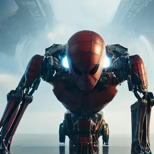 Image similar to unreal engine, octane render, 8 k, spiderman resembling mecha, techno mystic, by greg rutkowski,, maxim verehin, greg rutkowski, masterpiece, sharp focus,