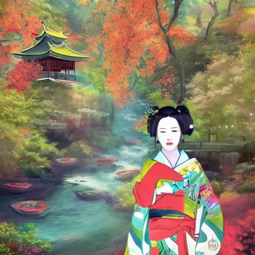 Image similar to detailed 風 景 + luminescent 背 景 + scenery artwork 厚 塗 り, artstation!! pixiv!! coloful geisha looking like billy illish in foreground!! width - 1 0 2 4