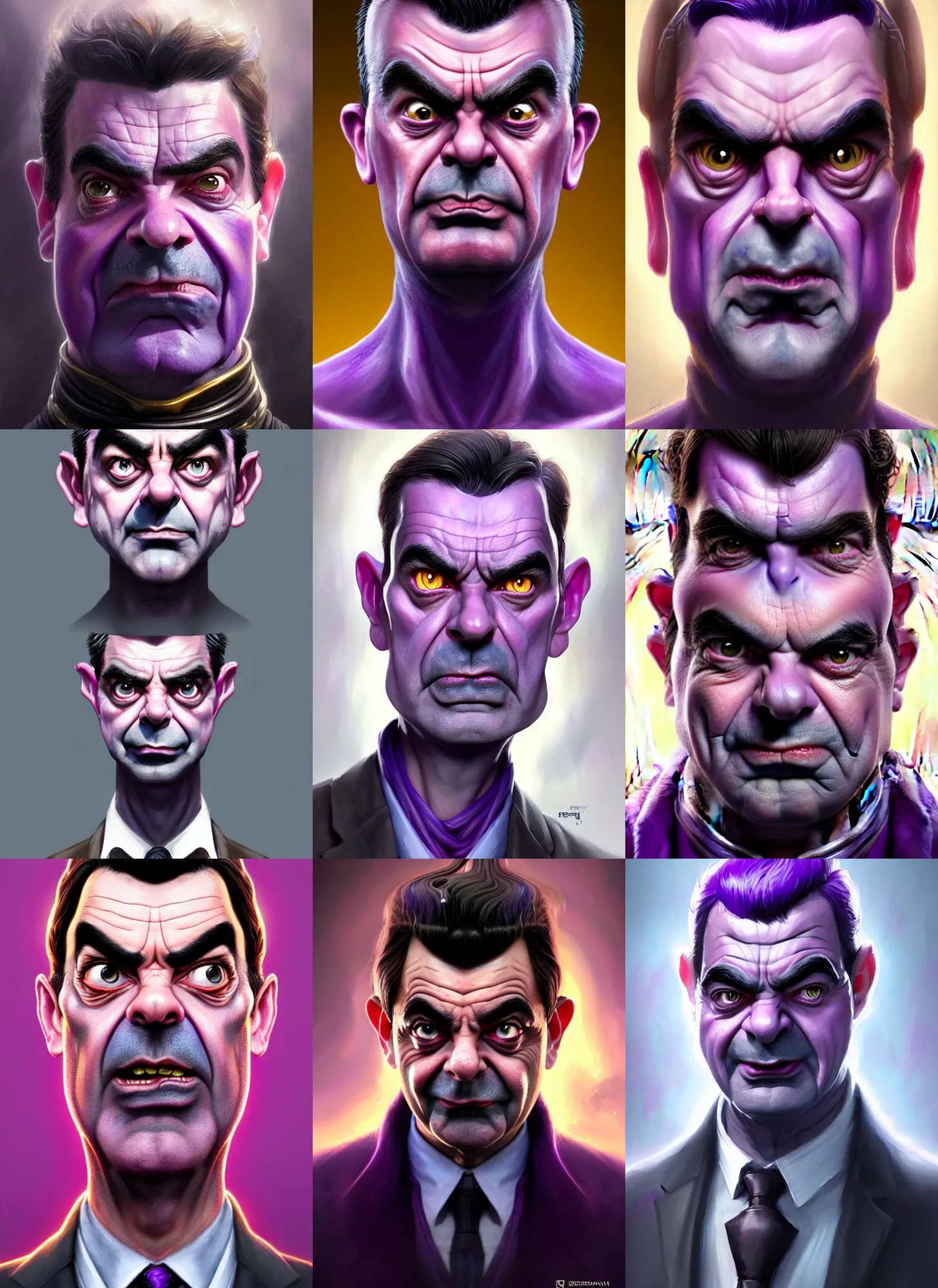 Prompt: a fantasy style portrait painting a character if mr. bean rowan atkinson and thanos had a son, purple skin, powerful chin, thanos style traits, painting, unreal 5, daz., rpg, portrait, extremely detailed, artgerm greg rutkowski _ greg