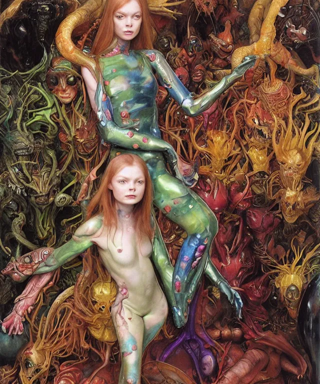 Image similar to a portrait photograph of a mutated alien super villian with slimy skin and wings. she looks like sadie sink and is trying on a colorful infected bulbous shiny organic catsuit. by donato giancola, hans holbein, walton ford, gaston bussiere, peter mohrbacher and brian froud. 8 k, cgsociety, fashion editorial