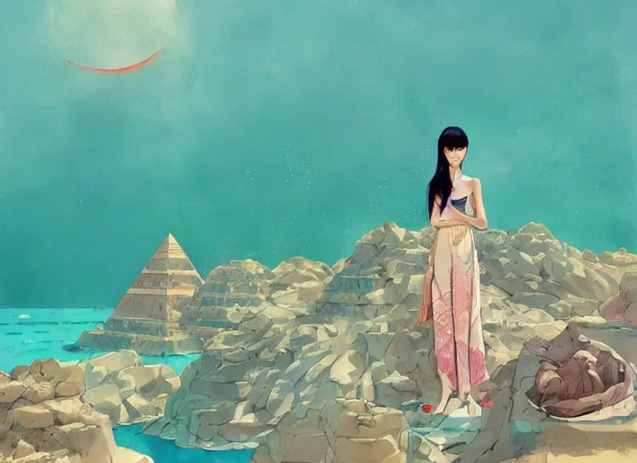 Image similar to lee jin - eun in luxurious dress emerging from turquoise water in egyptian pyramid city during an eclipse by conrad roset, m. k. kaluta, martine johanna, rule of thirds, elegant look, beautiful, chic, face anatomy, cute complexion