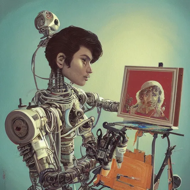 Image similar to robot artist painting a self - portrait on a canvas. intricate, highly detailed, digital matte painting, in the style of alexandros pyromallis, and in the style of sachin teng, and in the style of hans thoma, and in the style of ken kelly. irony, recursion, inspiration.