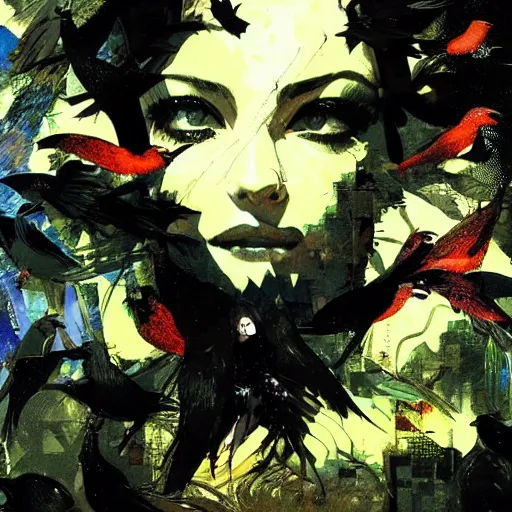 Prompt: portrait of a daydreaming woman being progressively rasterized into pixels, surrounded by digital birds, by yoji shinkawa, esao andrews and dave mckean