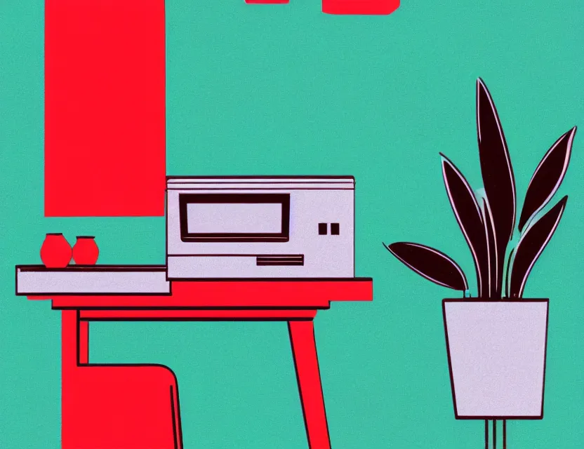 Prompt: 1 9 5 0 s risograph print of a retro computer on a desk next to a potted plant with a window and candle, in shades of mint, red, and faded blue, double - exposure, grainy