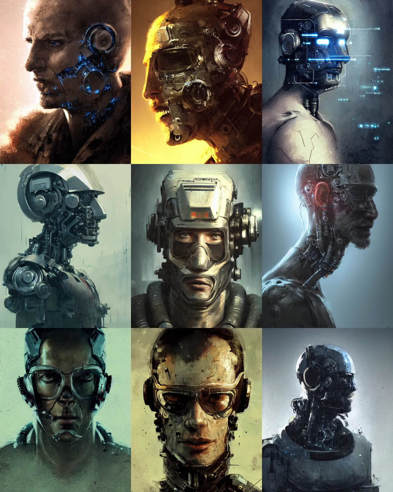 Image similar to a half masked rugged laboratory engineer man with cybernetic enhancements as seen from a distance, scifi character portrait by greg rutkowski, craig mullins, 1 / 4 headshot, cinematic lighting, dystopian scifi outfit, profile picture, mechanical, cyborg, half robot