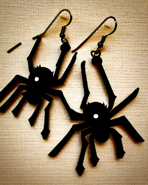 Prompt: spooky cartoon spider, 2 d lasercut earrings, in the style of tim burton