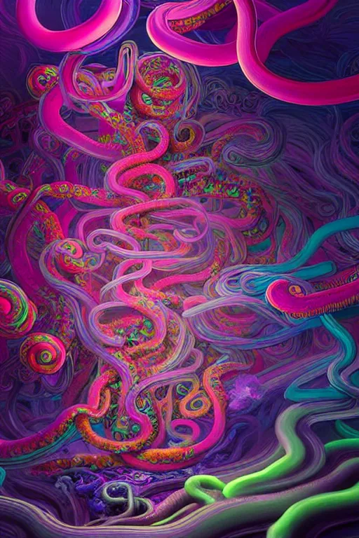 Prompt: tentacles coming out of colorful liquid smoke and neon clouds,, dmt, psilocybin, lsd, detailed, intricate, elegant, highly detailed, digital painting, artstation, concept art, smooth, sharp focus, illustration, art by hana yata, and artem demura and beeple, octane render, unreal engine, 8 k