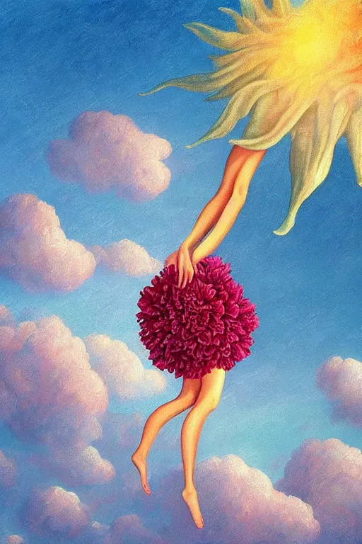 Image similar to closeup, giant carnation flower head, woman falling through clouds in sky, surreal, impressionist painting, digital painting, artstation, rob gonsalves