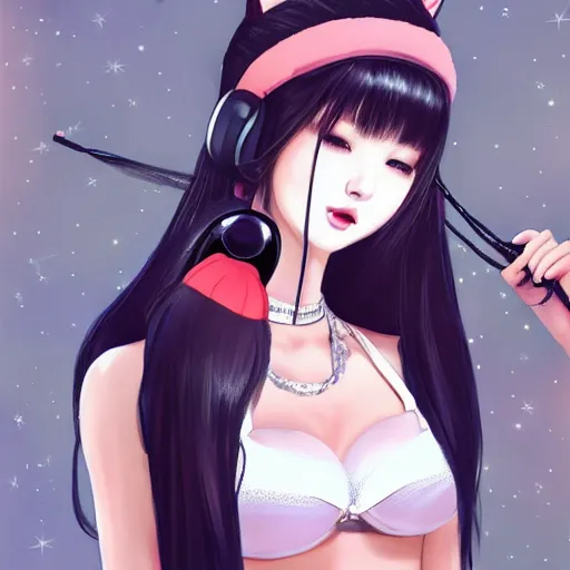 Image similar to realistic beautiful gorgeous buxom natural cute Blackpink Lalisa Manoban black hair cute fur black cat ears, wearing white camisole, headphones, black leather choker artwork drawn full HD 4K highest quality in artstyle by professional artists WLOP, Taejune Kim, Guweiz on Pixiv Artstation