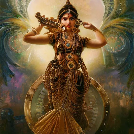 Image similar to detailed potrait of hindu traditional woman with high - tech steam punk clock face armour, girl graceful,, painting by gaston bussiere, craig mullins, j. c. leyendecker, lights, art by ernst haeckel, john william godward, hammershøi,,