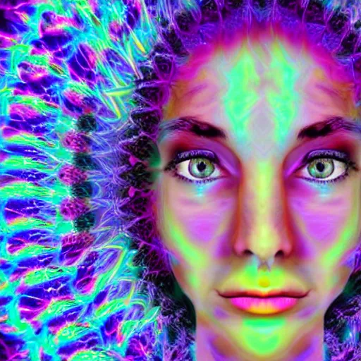 Image similar to Psychadelic picture of a womans face expanding her consciousness into the universe, digital art, high resolution