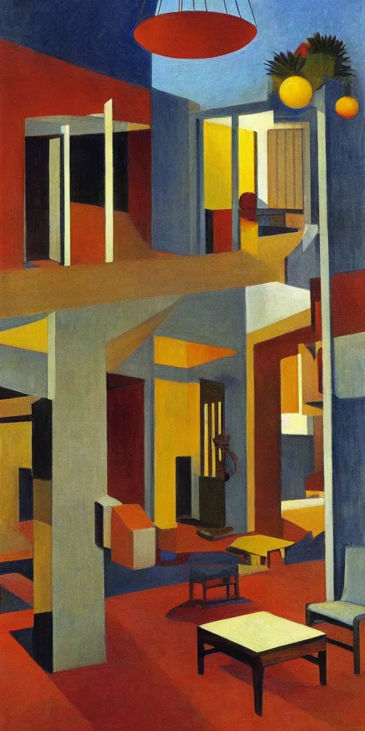 Image similar to midcentury modern atrium, hanging mobile, grant wood, pj crook, edward hopper, colorful, oil on canvas