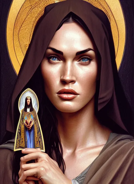Image similar to portrait of megan fox as a nun, catholic, church, bible, christian, intricate, headshot, highly detailed, digital painting, artstation, concept art, sharp focus, cinematic lighting, illustration, art by artgerm and greg rutkowski, alphonse mucha, cgsociety