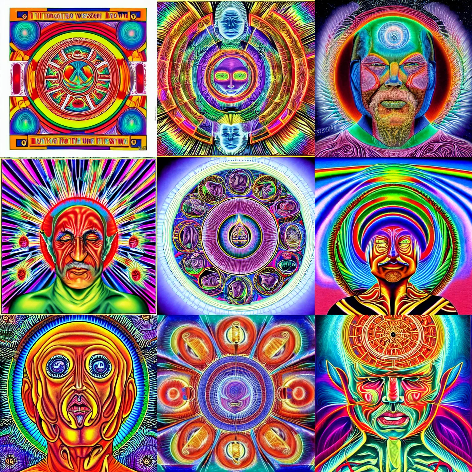 Prompt: fake wisdom teachings in the style of alex grey