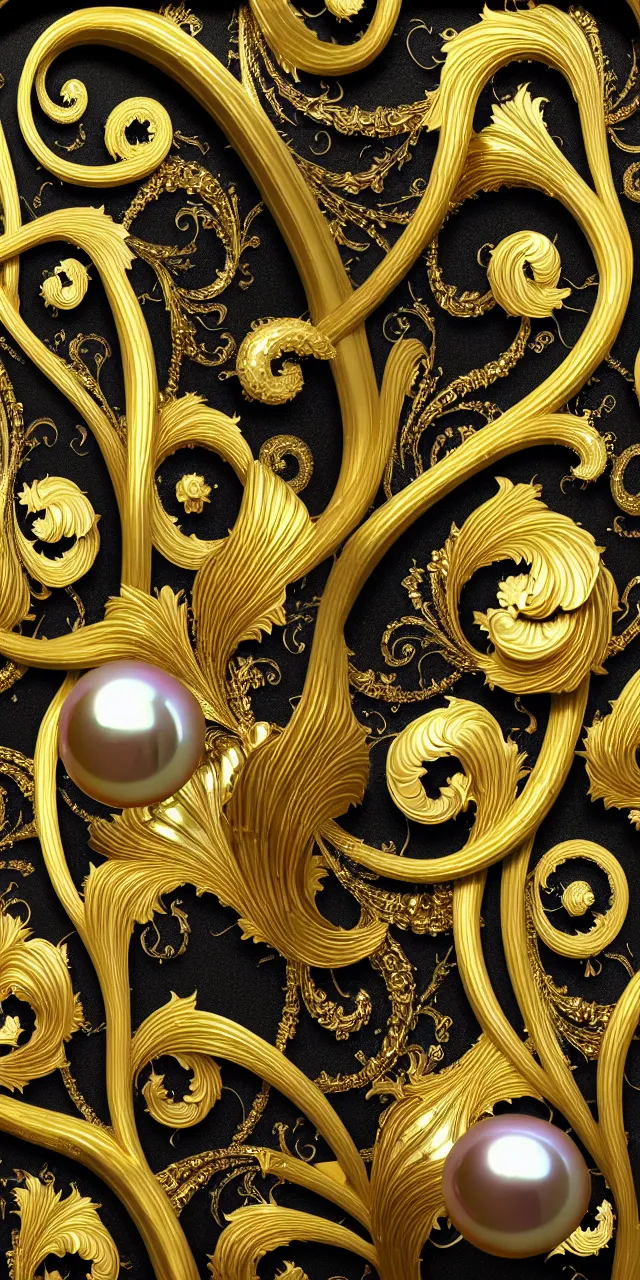 Image similar to subsurface scattering, seamless 3 d baroque gold and black pattern, beautiful dynamic shadows, gold silver iridescent pearls and swarovski crystals, symmetrical, rococo elements, damask pattern, swirls and spirals, dolce and gabanna, michelangelo, iris van herpen artstation, versace pattern, concept design art, octane render, 8 k