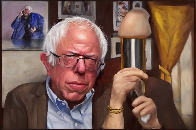 Image similar to Bernie Sanders as rap gold chains and gold teeth, drinking cough syrup, oil on canvas, artstation, portrait, masterpiece, aesthetic