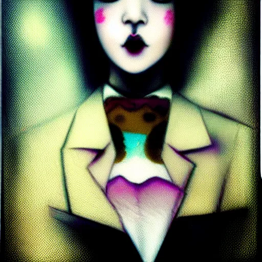 Image similar to yoshitaka amano blurred and dreamy realistic three quarter angle portrait of a young woman with black lipstick and black eyes wearing office suit with tie, junji ito abstract patterns in the background, satoshi kon anime, noisy film grain effect, highly detailed, renaissance oil painting, weird portrait angle, blurred lost edges