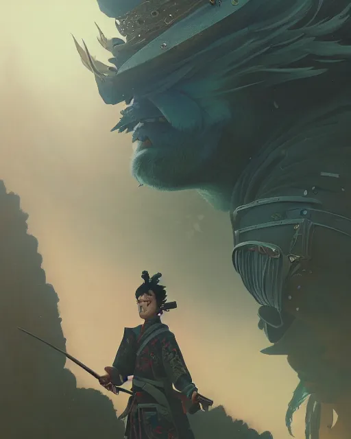 Image similar to highly detailed surreal vfx portrait of a nowpunk samurai, stephen bliss, unreal engine, greg rutkowski, loish, rhads, beeple, makoto shinkai and lois van baarle, ilya kuvshinov, rossdraws, tom bagshaw, alphonse mucha, global illumination, detailed and intricate environment