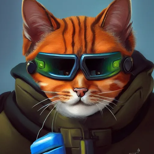 Image similar to Portrait painting an anthropomorphic cat wearing a jacket and a collar, as an Overwatch character, medium shot, asymmetrical, profile picture, Organic Painting, sunny day, Matte Painting, bold shapes, hard edges, street art, trending on artstation, by Huang Guangjian and Gil Elvgren and Sachin Teng