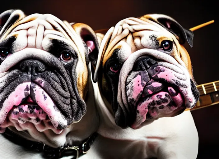 Prompt: a closeup, 4 5 mm, detailed photograph of a famous english bulldog rockstar holding a gitar, beautiful low light, 4 5 mm, by franz lanting