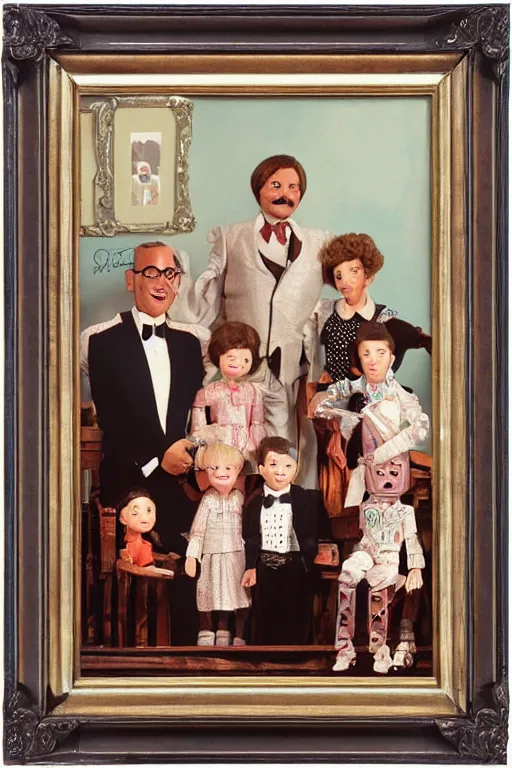 Prompt: A beautiful professional robot family portrait, by Bachrach Studios, 1980s, in an ornate wooden frame