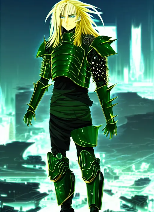 Prompt: a detailed anime full body portrait of a male warrior with long blonde hair and blue eyes wearing evil green spiked cyberpunk armour and standing in the desolate burning ruins of a futuristic city by hirohiko araki and beeple, fine details, digital art, character concept art