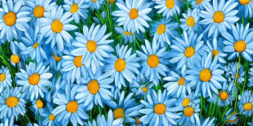 Image similar to light blue daisies on bottom half of painting, matte painting, white background