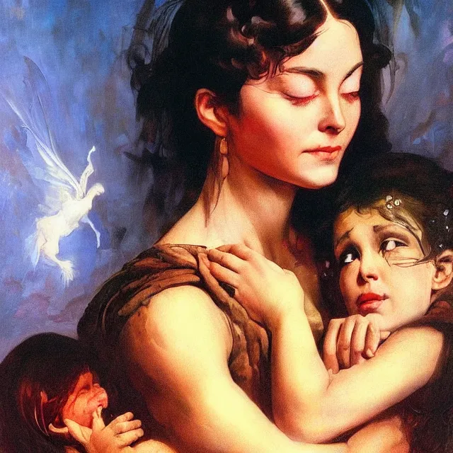 Image similar to an aesthetic! detailed portrait of an aesthetic woman crying mournfully while holding a child, by frank frazetta, oil on canvas, bright colors, art nouveau, epic composition, dungeons and dragons fantasy art, hd, god - rays, ray - tracing, crisp contour - lines, huhd - 8 k