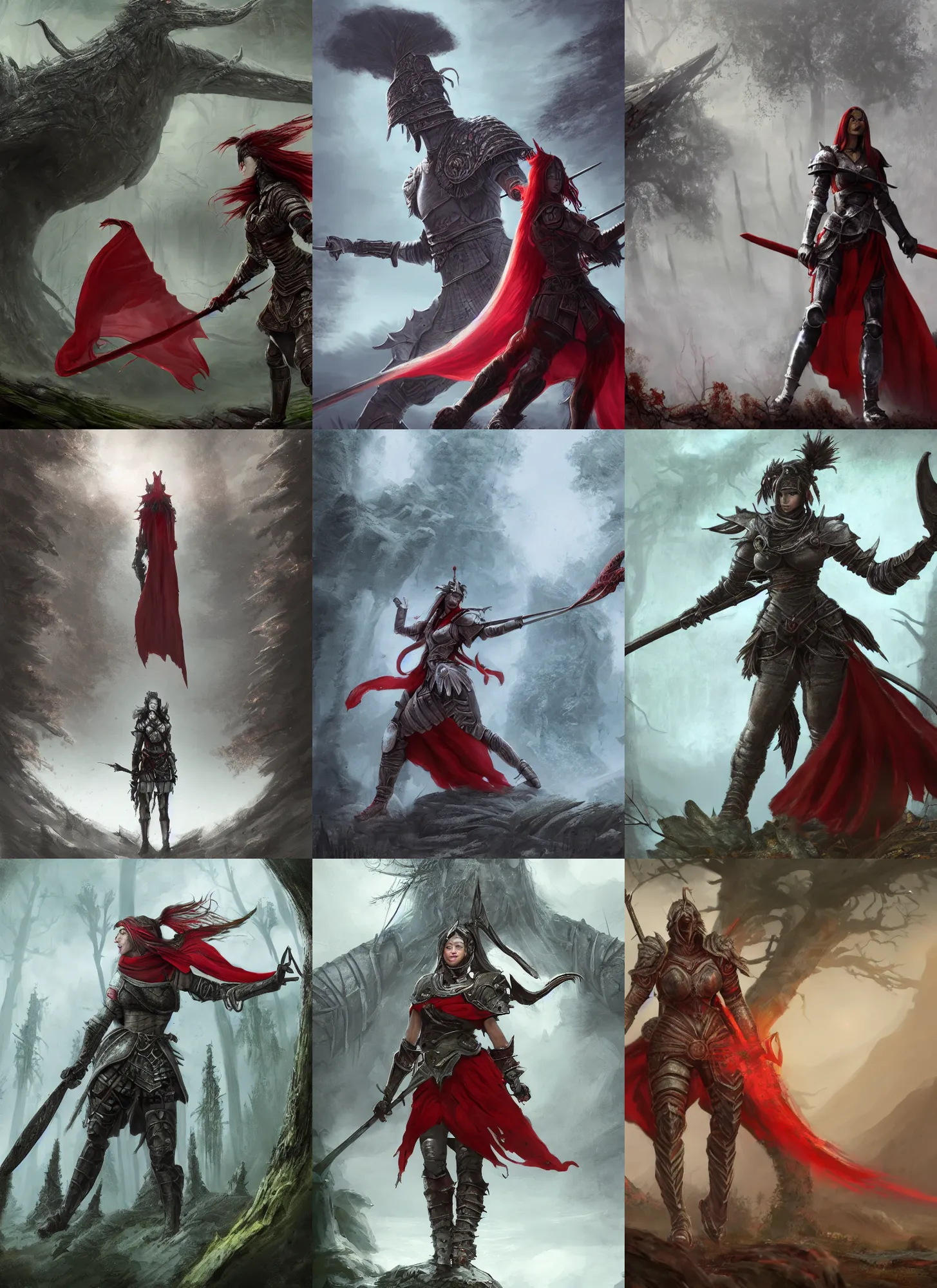 Prompt: a matte painting of a female warrior wearing battle armor with a red scarf billowing behind her fighting a giant monster in the forest plains of north yorkshire, good value control, concept art, digital painting, sharp focus, fight sceneAnthem game, Javelin armor, dark souls, elden ring, battle angel, symmetrical, single character full body, 4k, illustration, rule of thirds, centered