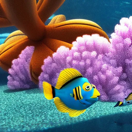 Prompt: a screenshot of a pixar film of two fish underwater watching a ship